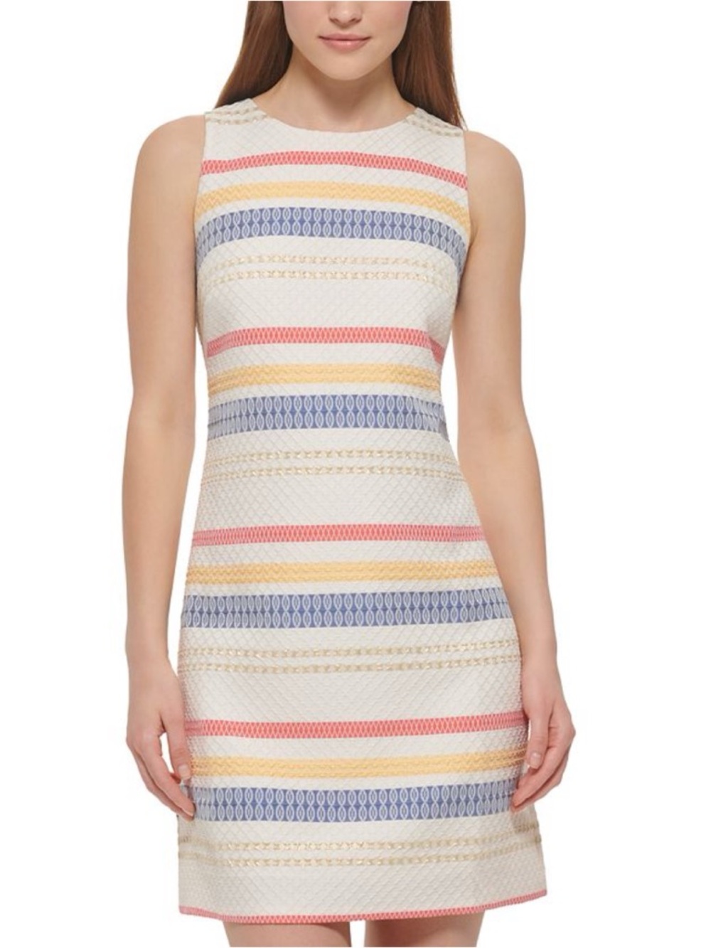 Vince Camuto Cream, Navy & Coral Textured Striped Jacquard Shift Dress